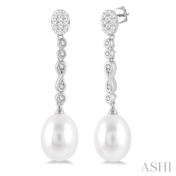 11x8.5 MM Cultured Pearls and 1/4 Ctw Round Cut Diamond Drop Hanging Lovebright Earrings in 14K White Gold